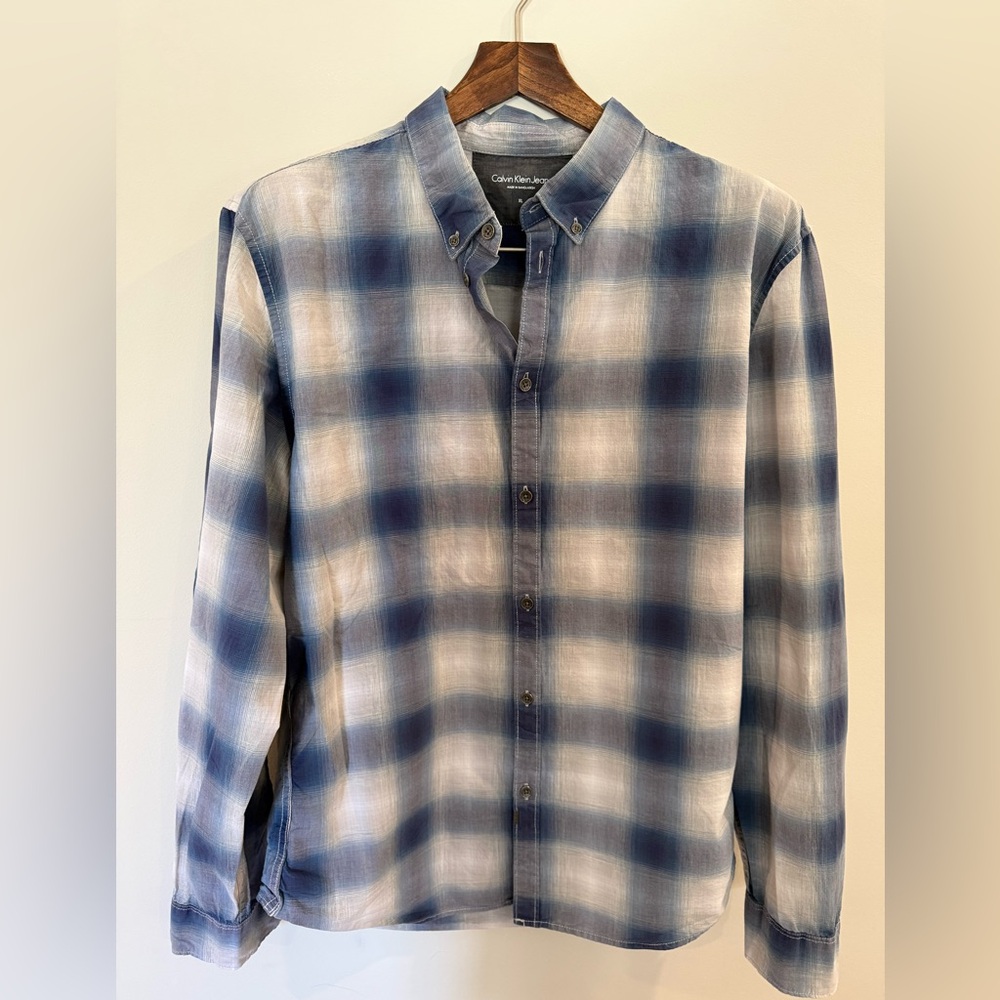 Calvin Klein Men's Blue and White Gradient Plaid Button-Down Shirt
